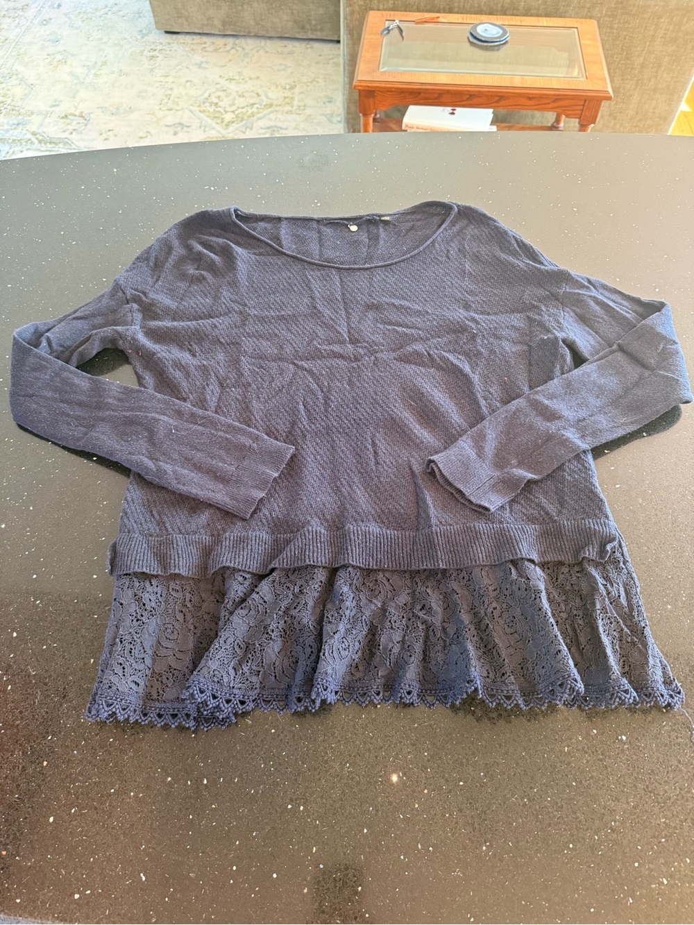 Womens Navy Long Sleeve Lace-Hem Pullover Top